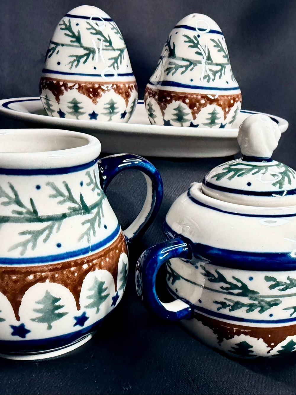 Polish Pottery Hand Crafted Vintage Serve-ware Salt/Pepper & Creamer/Sugar Set
